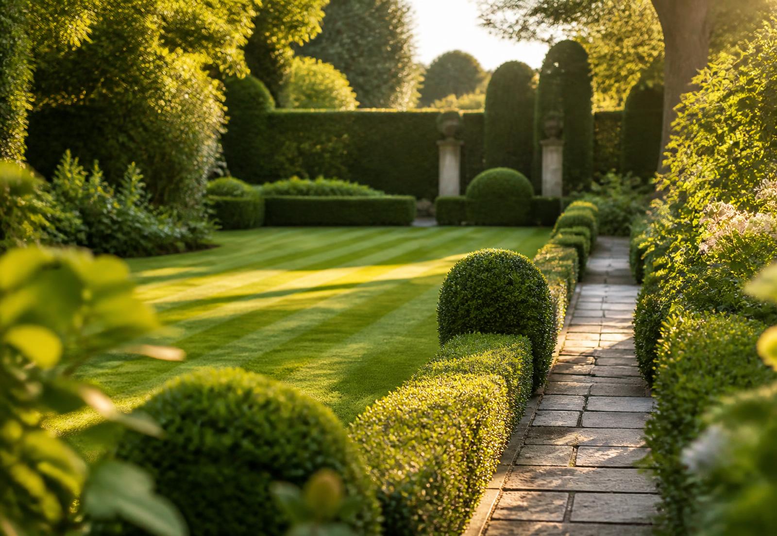 Jardin de particulier entretenu, pelouse tondue et haies taillées